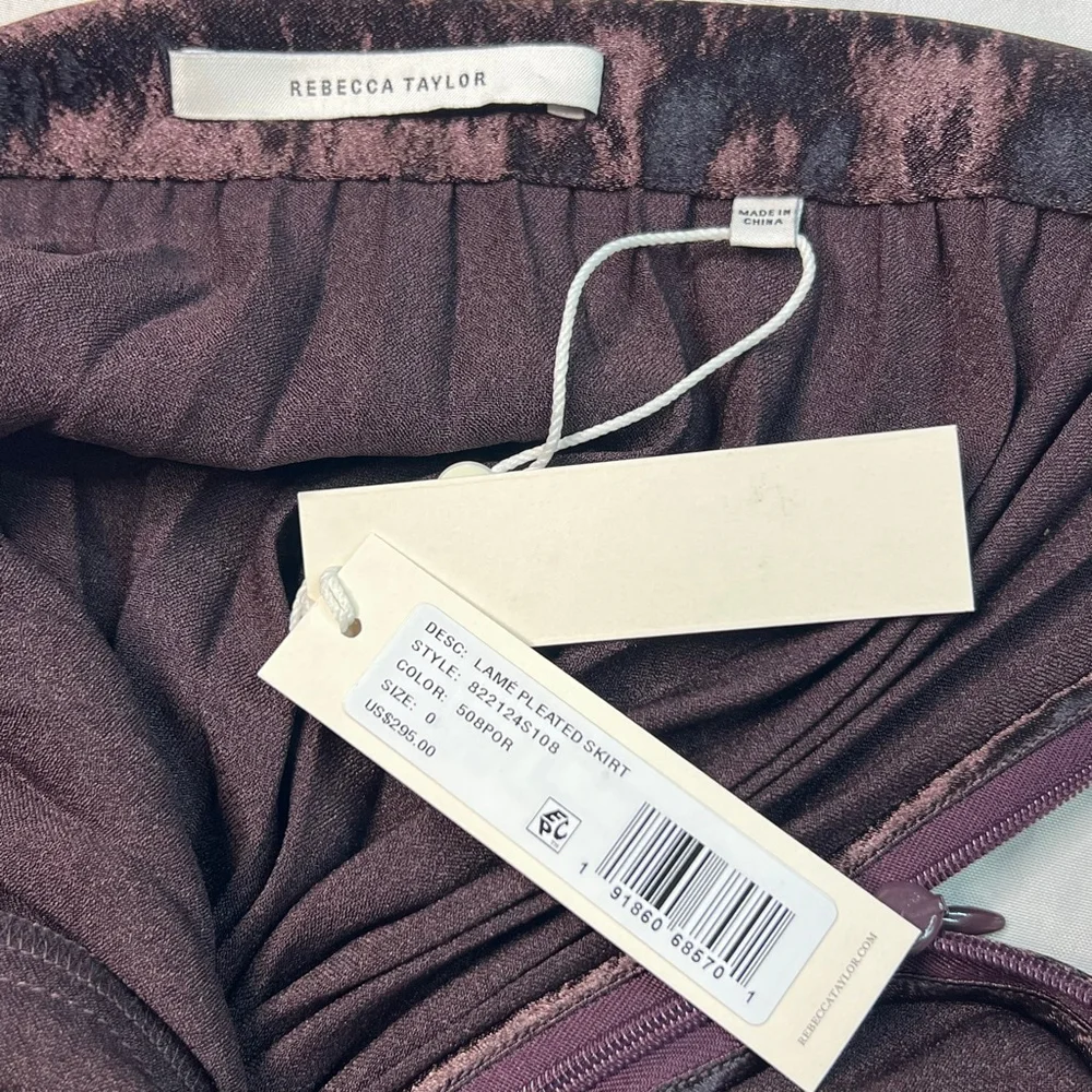 Rebecca Taylor Purple Metallic Lamé Pleated Midi Skirt Size 0